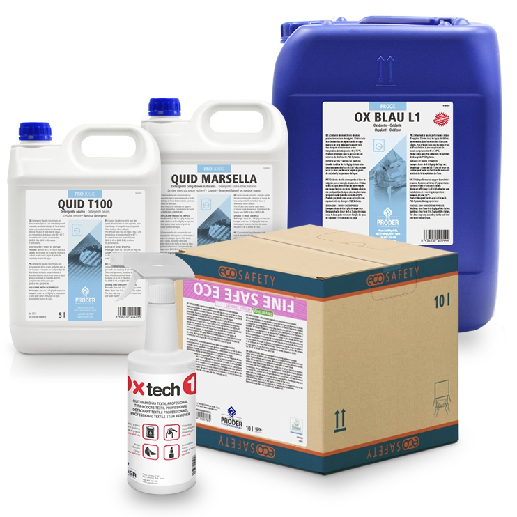 Bodegón de productos de Lavanderia Profesional para la entrada, Lavado y proteccion de tejidos.